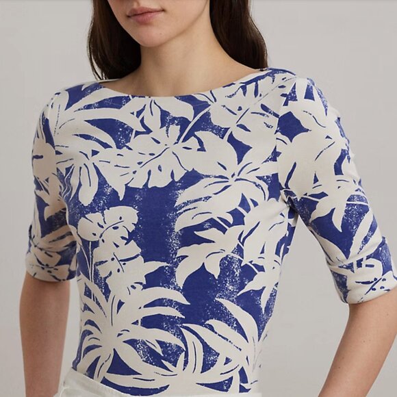 Palm-Frond-Print Cotton Boatneck Tee - Picture 2 of 3